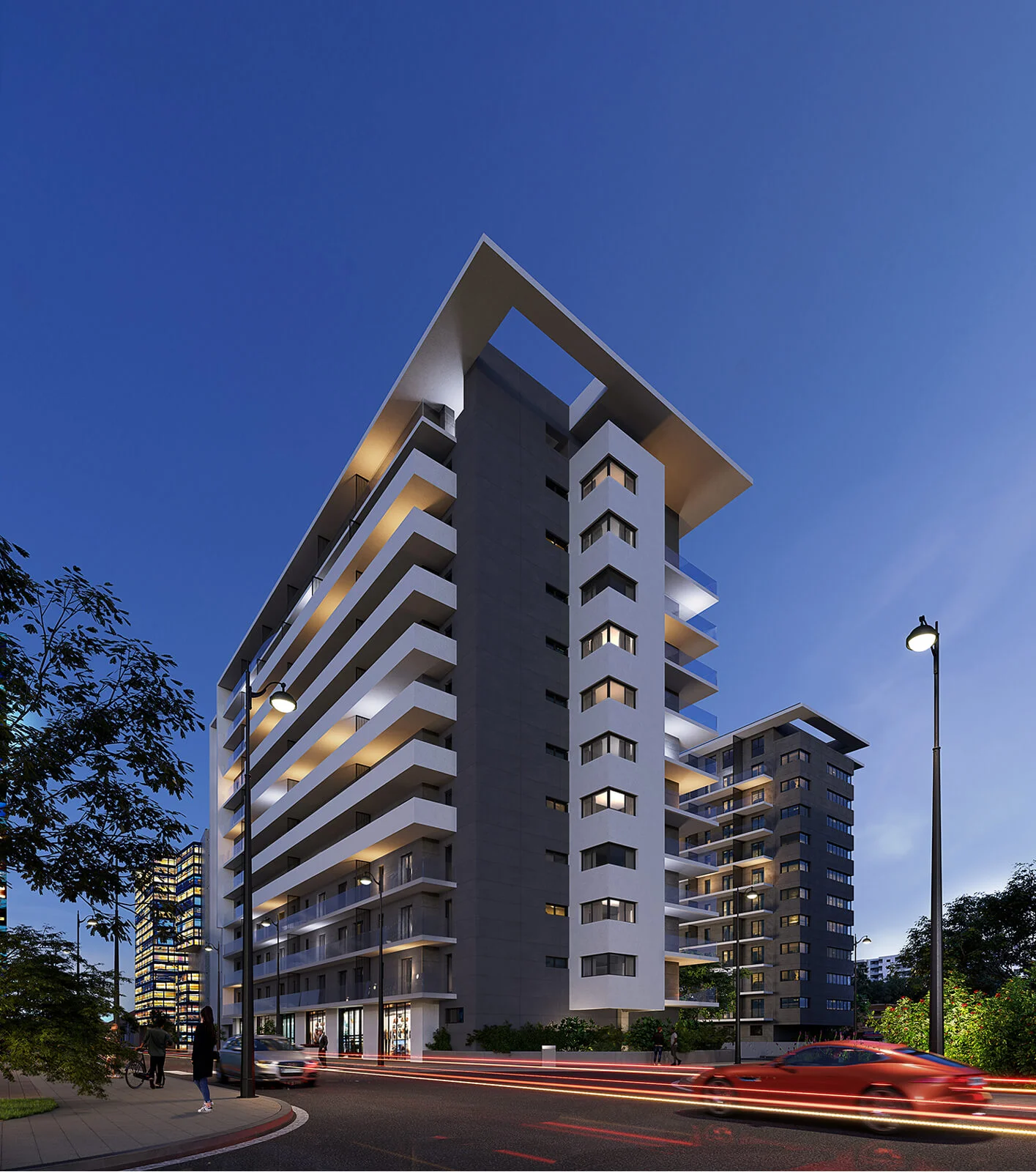 Avrig Park Residence – ansamblul rezidențial din zona Obor, vedere nocturnă (randare)