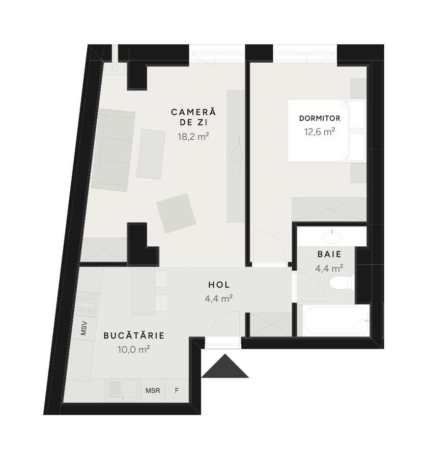 Plan apartament 2 camere TIP 1B-1 – 49,7 m² utili – Avrig Park Residence, Faza 2