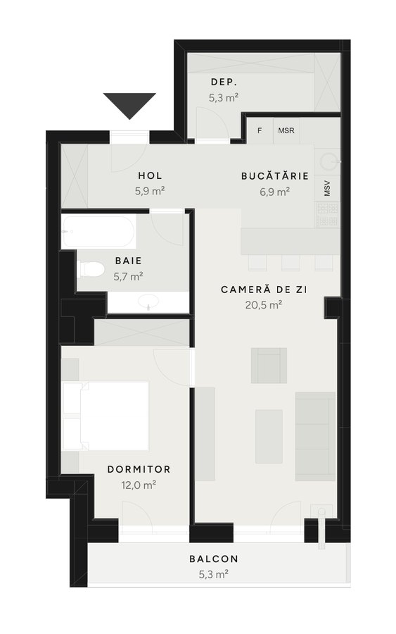 Plan apartament 2 camere TIP 9B-1 – 61,6 m² utili – Avrig Park Residence, Faza 2