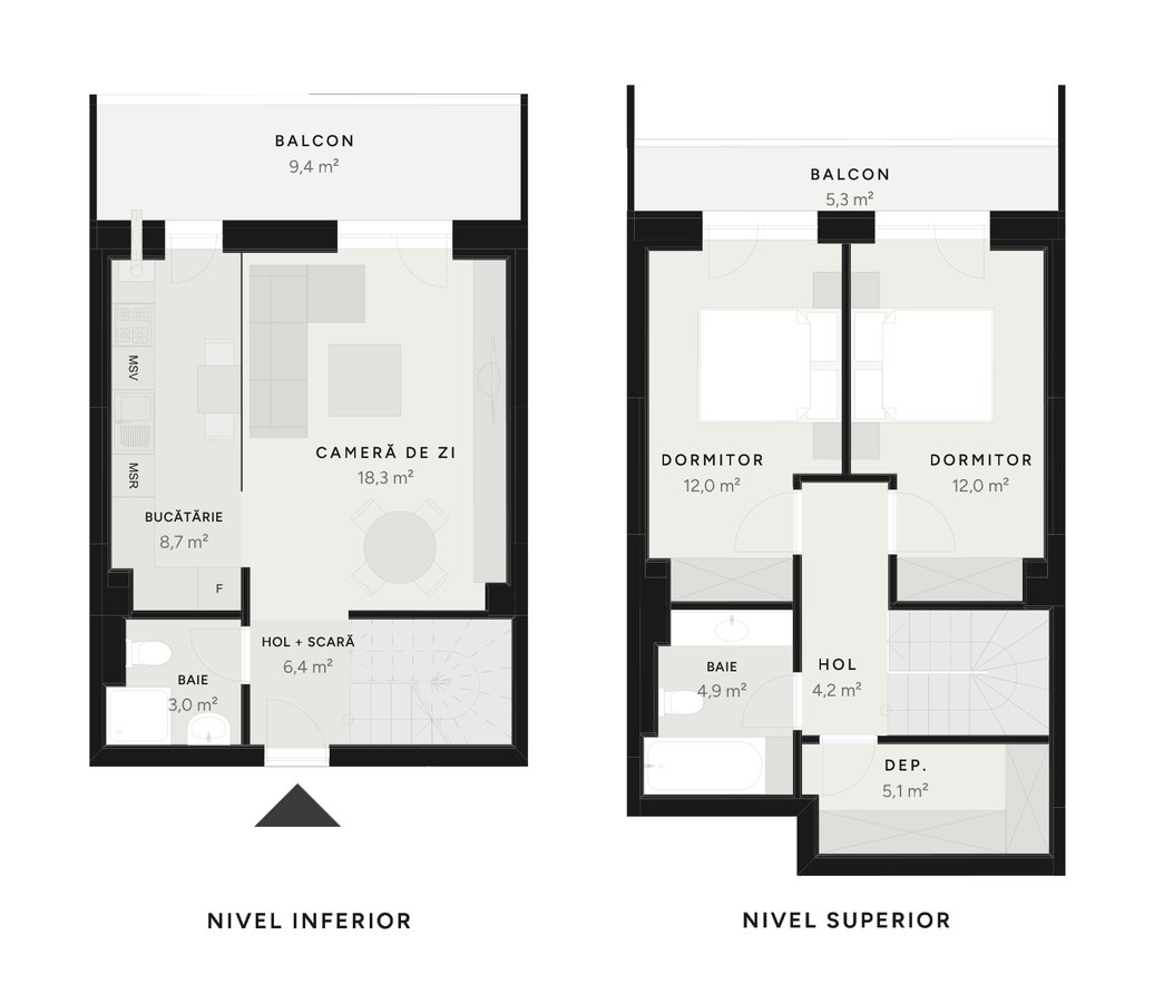 Plan duplex 3 camere TIP 14B-1 – 89,2 m² utili – Avrig Park Residence, Faza 2