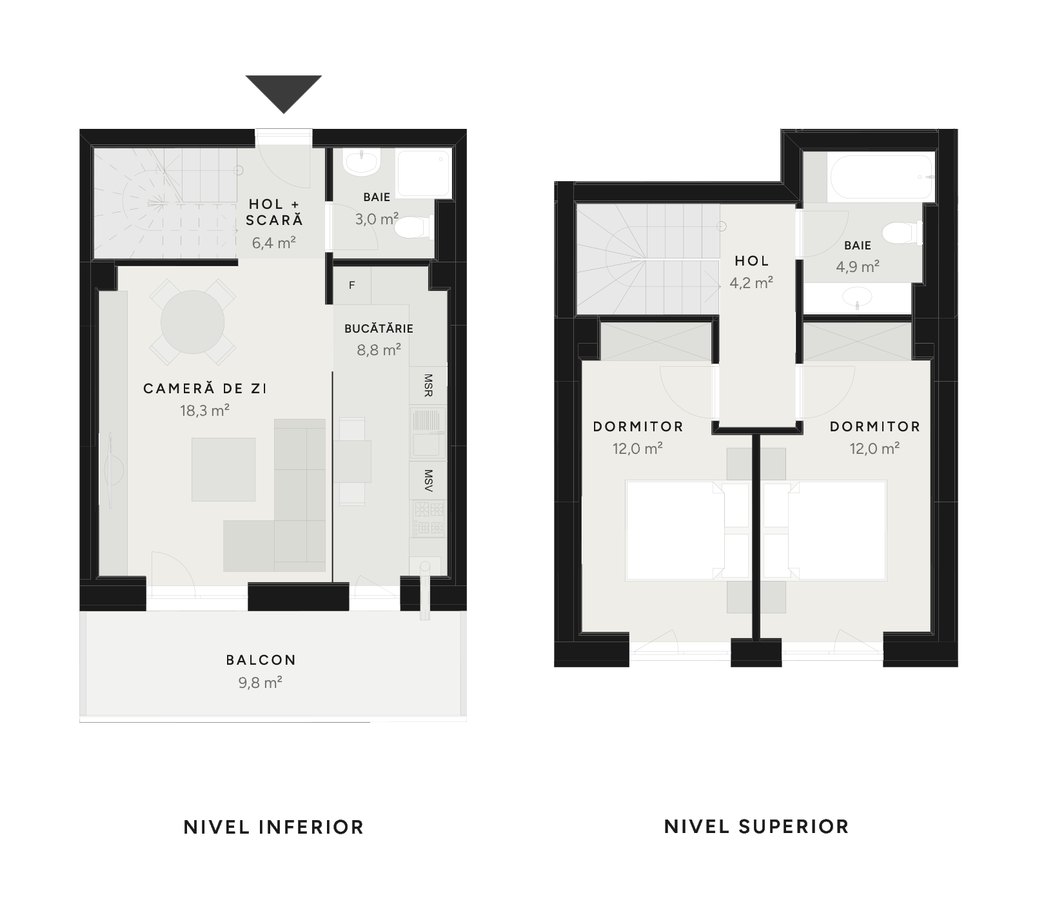 Plan duplex 3 camere TIP 14B-2 – 79,5–79,8 m² utili – Avrig Park Residence, Faza 2