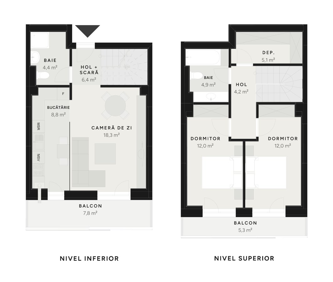 Plan duplex 3 camere TIP 14B-5 – 87,8 m² utili – Avrig Park Residence, Faza 2