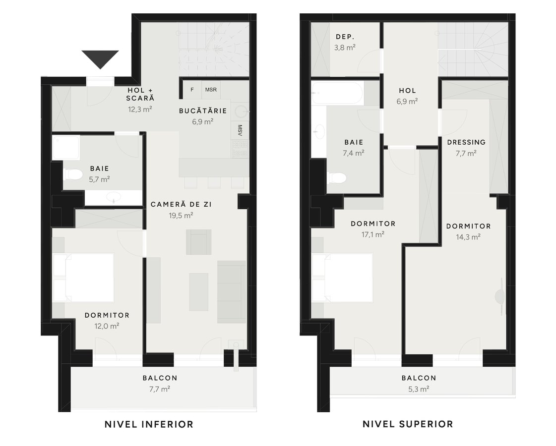 Plan duplex 4 camere TIP 20B – 126,8 m² utili – Avrig Park Residence, Faza 2