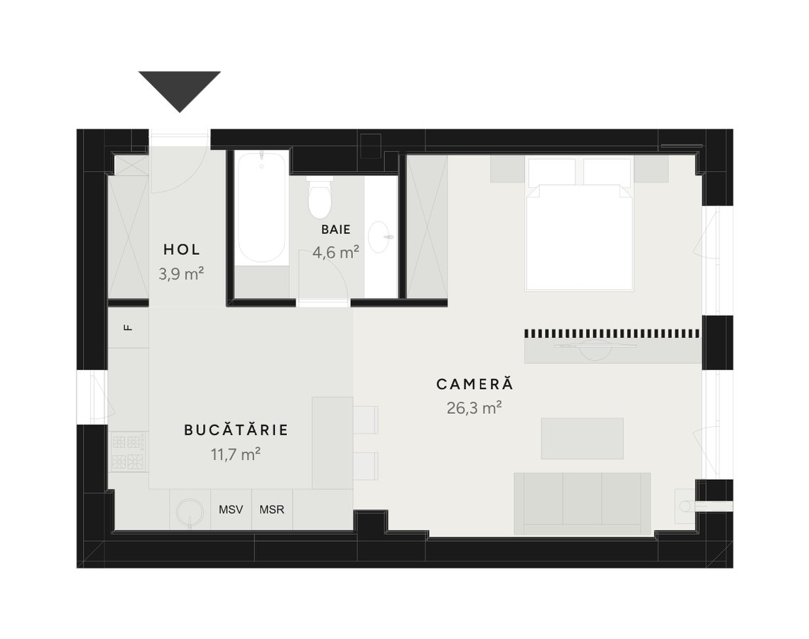 Plan studio plus TIP 6B-1 – 46,4 m² utili – Avrig Park Residence, Faza 2