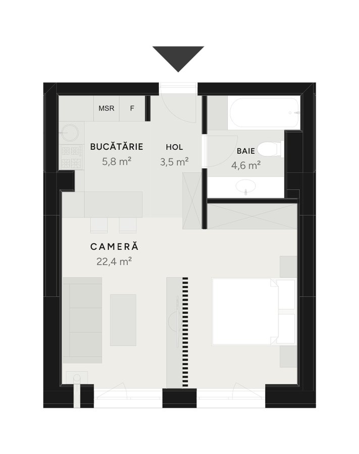 Plan studio TIP 5B-1 – 36,3–37,0 m² utili – Avrig Park Residence, Faza 2